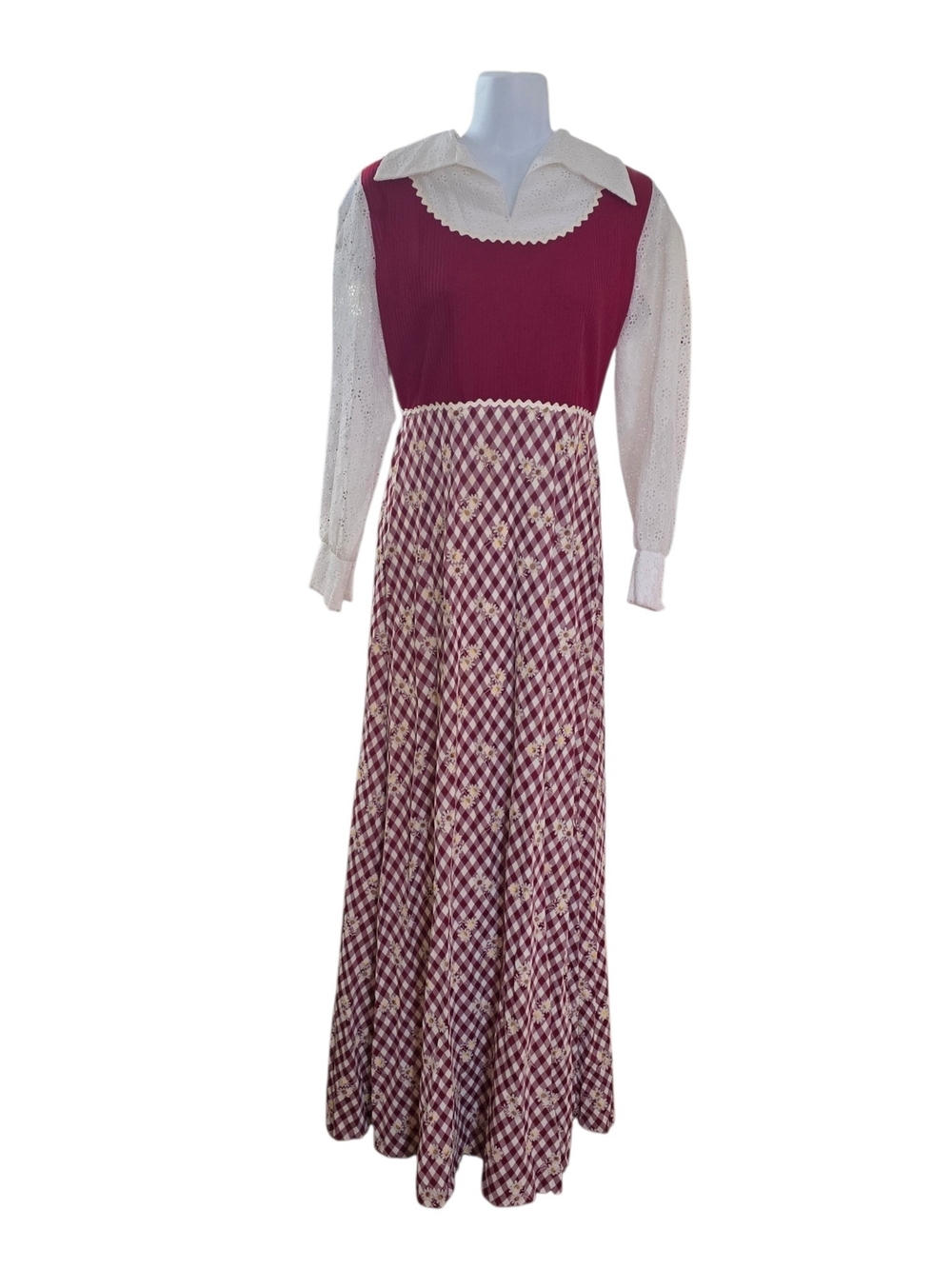 Vintage-Inspired Burgundy & Cream Maxi Dress with Gingham Skirt